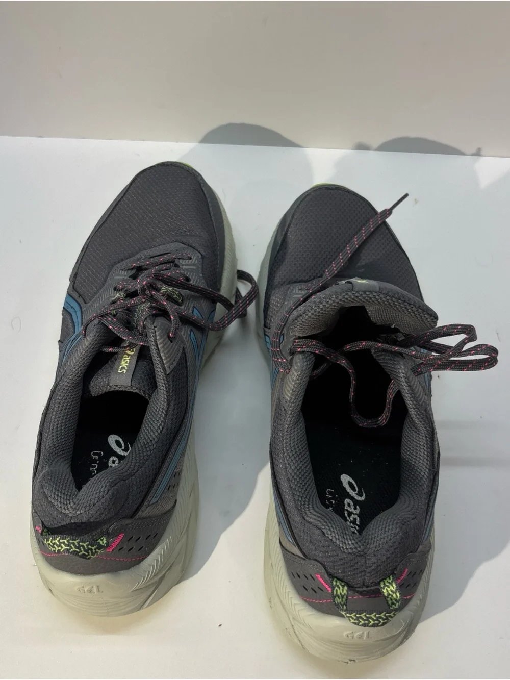 ASICS woman Gray Running Shoe with Blue Logo and Neon Accents  size 9